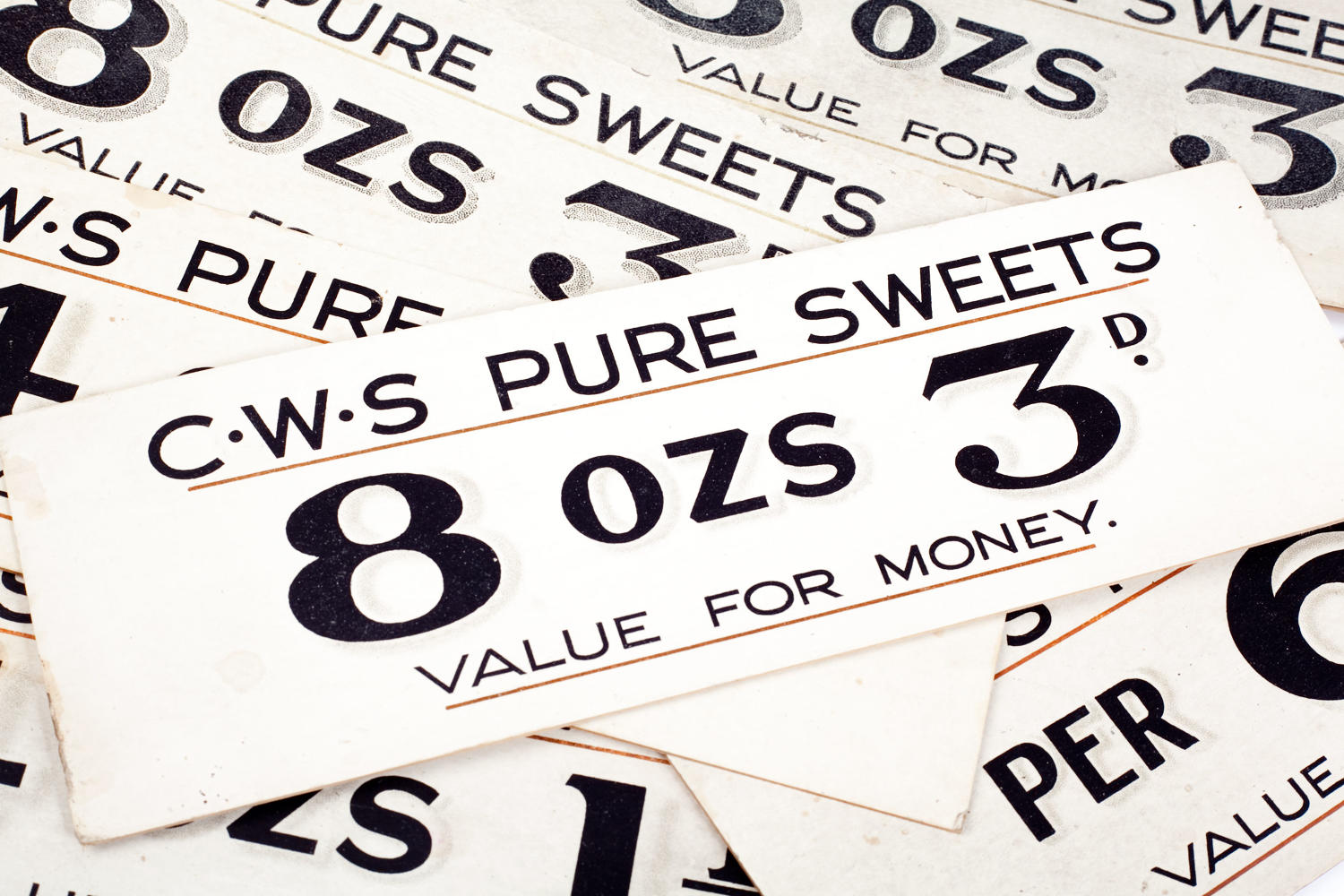 Vintage price labels for 'C.W.S Pure Sweets'