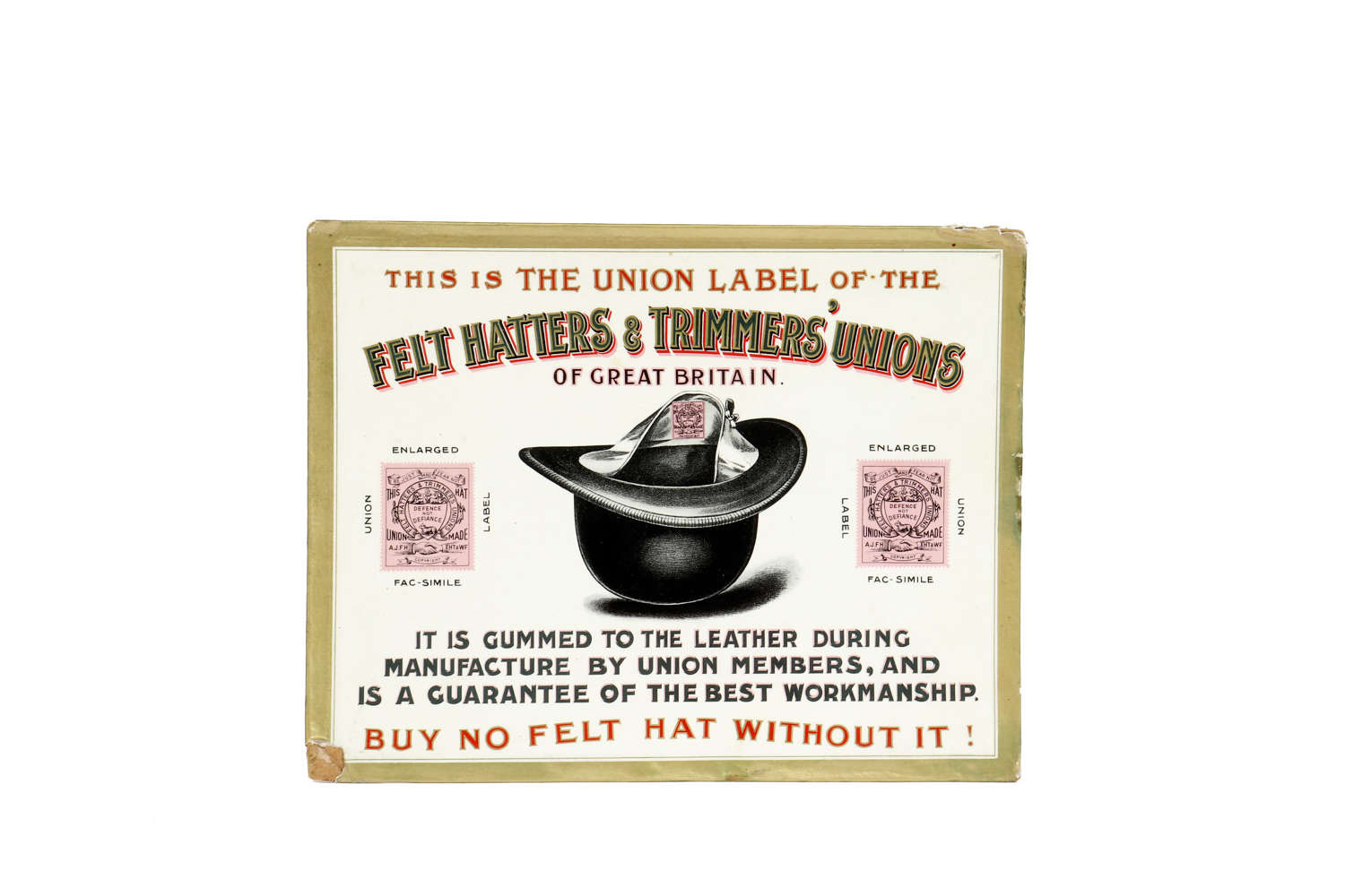 Original advertising showcard for The Felt Hatters & Trimmers' Unions