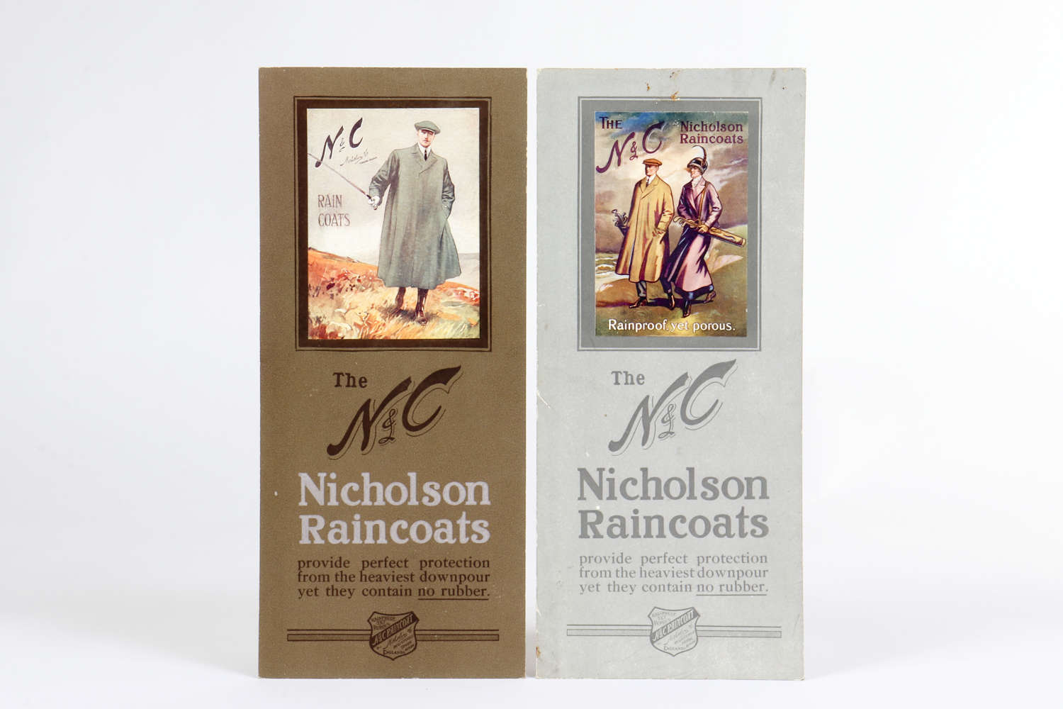 A pair of original advertising showcards for Nicholson Raincoats