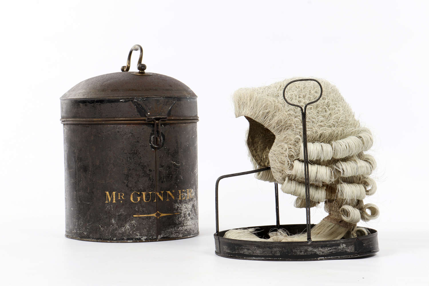 19th century barristers wig in original tin case.