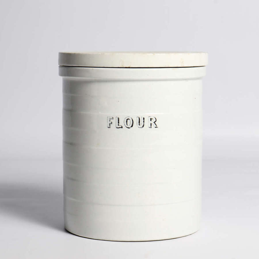 White banded storage jar - 'Flour'